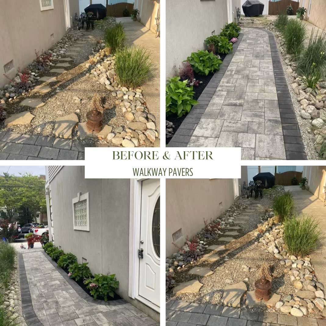Before and after: stone pathway makeover with plantings and river rock.