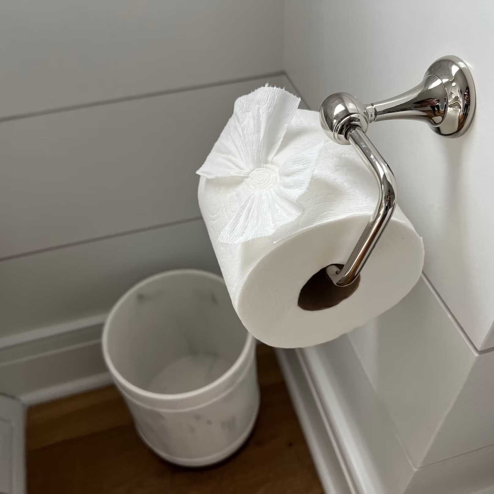 Toilet paper roll on chrome holder above a marble wastebasket in a white-walled bathroom.
