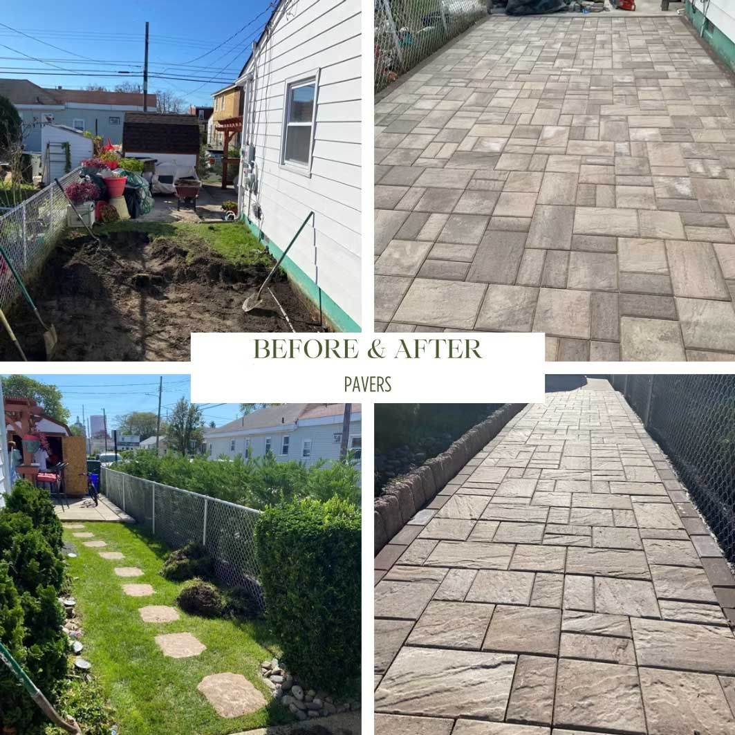 Before and after photos of a yard. One shows a muddy area, the other a paved walkway.
