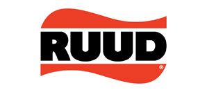 RUUD logo with black text on red, wavy background.