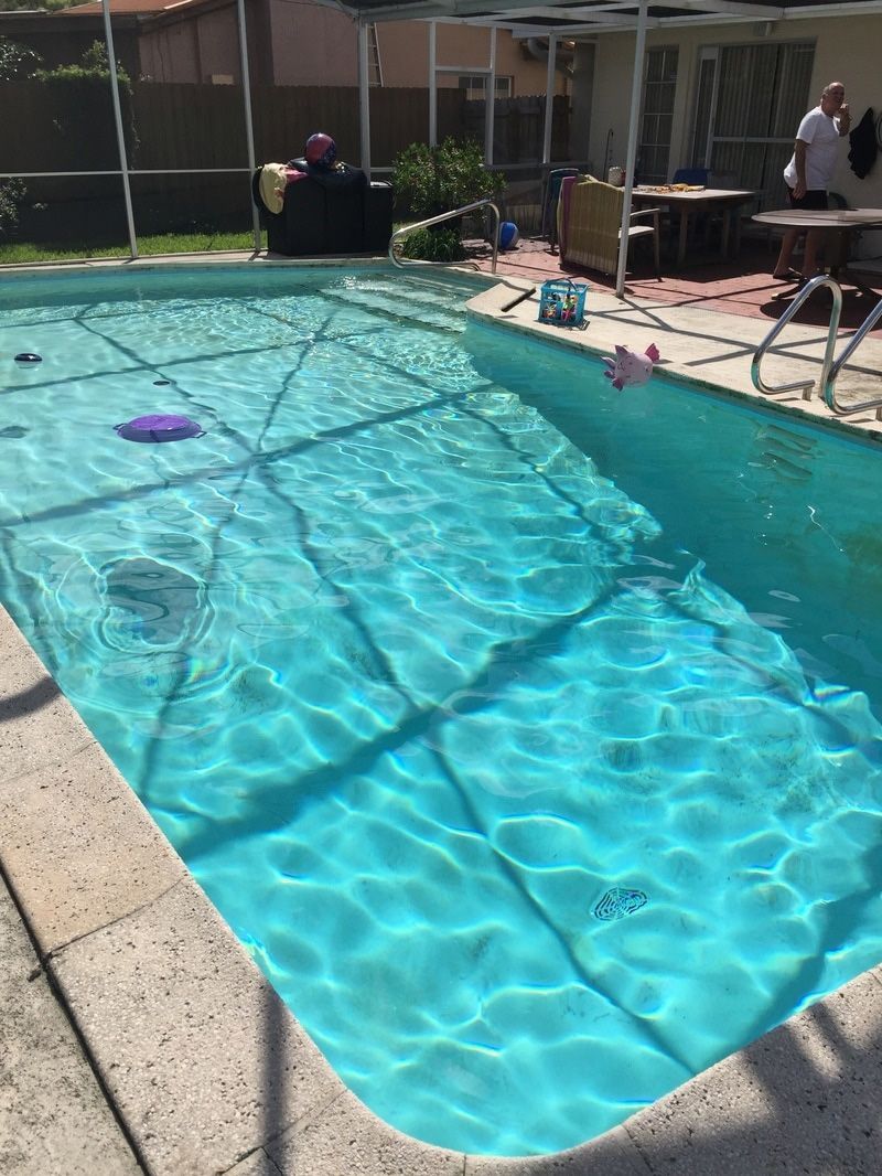 A sunny outdoor residential swimming pool with light blue water, surrounded by a patio and screened enclosure.