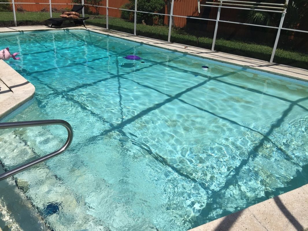 An outdoor rectangular swimming pool with light blue water and visible step sections, enclosed by a screen structure.