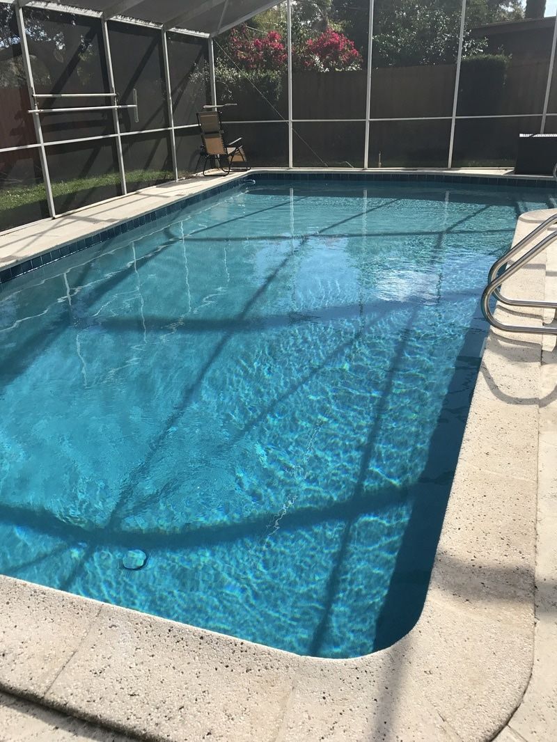 A rectangular, light blue swimming pool surrounded by a concrete deck inside a screened-in enclosure.