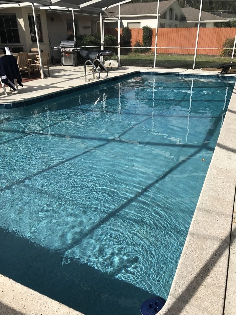 A rectangular swimming pool filled with clear blue water, enclosed by a screened-in lanai in a residential backyard.