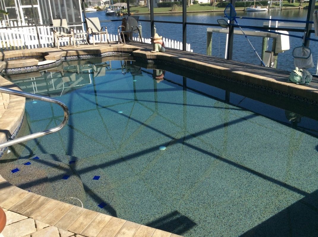 A backyard swimming pool with dark blue water and stone tiling, enclosed by a screen cage overlooking a canal.