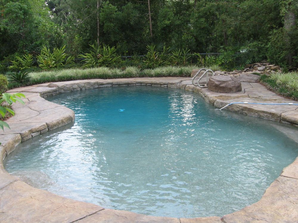 A kidney-shaped swimming pool with blue water and stone coping, surrounded by lush landscaping and trees.