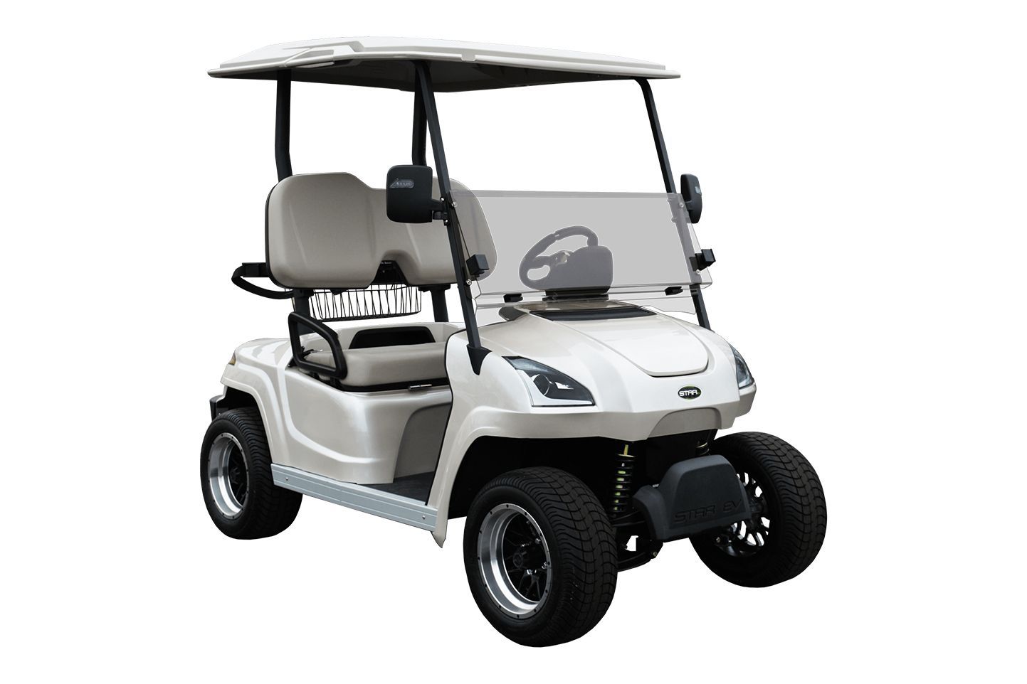 A white golf cart with two seats on a white background.