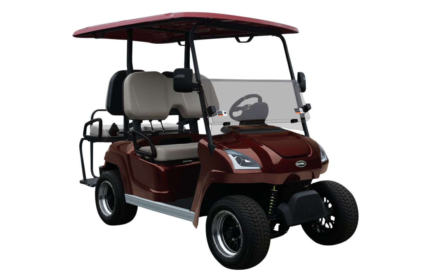 A red golf cart with a canopy on top of it on a white background.
