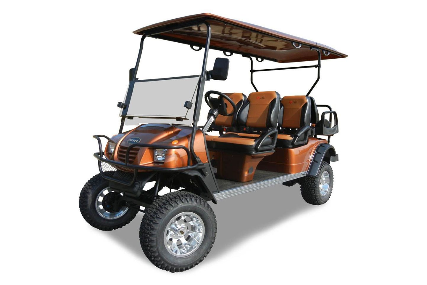A golf cart with a canopy on top of it on a white background.