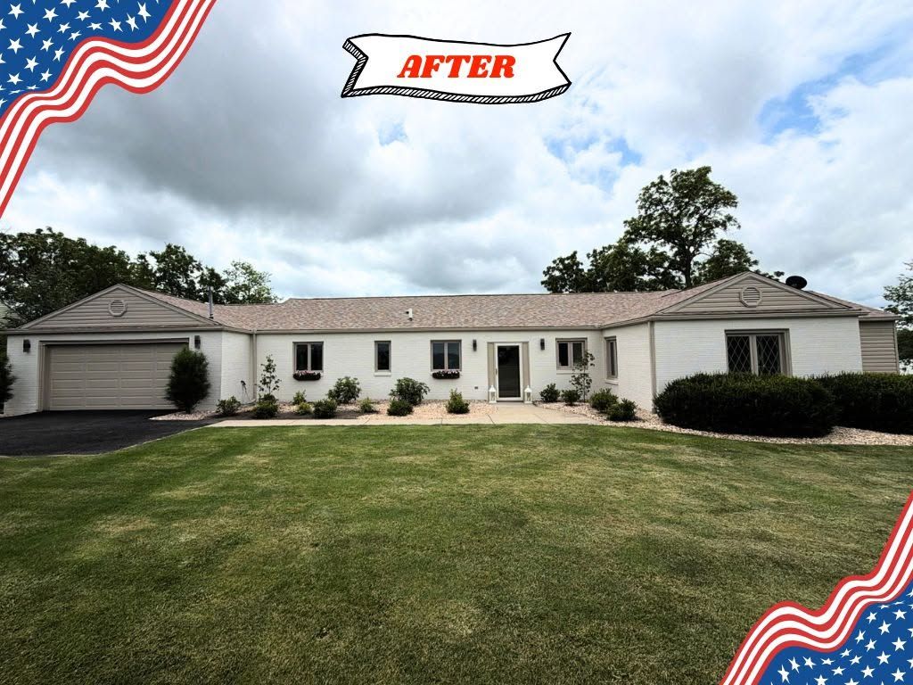 Single-story beige house with a manicured lawn, labeled “AFTER” at the top.