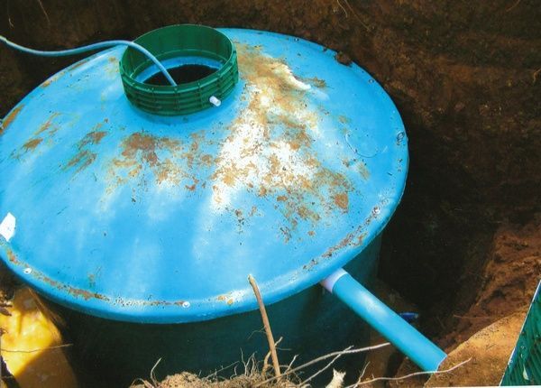 A blue container with a green lid is sitting in the dirt