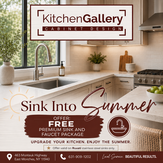 Kitchen Gallery kitchen ad with white sink and maroon Sink Into Summer free faucet offer text