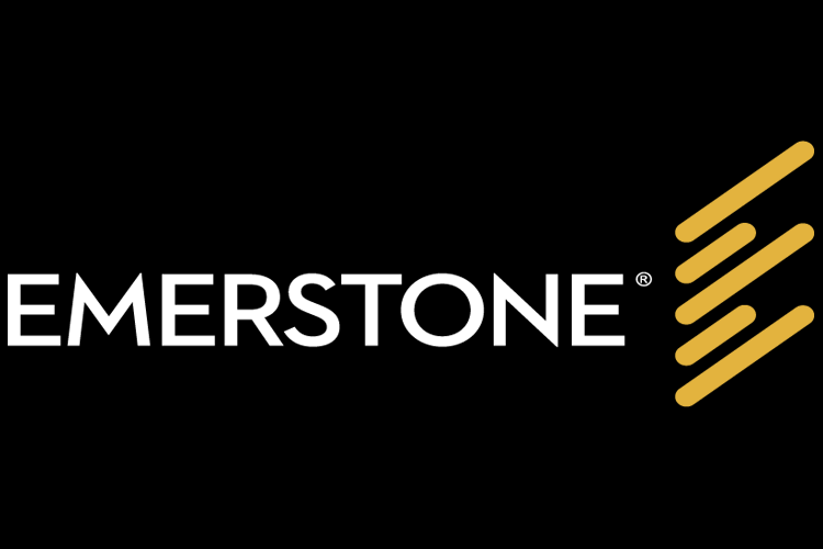 Emersone brand logo on black background. White text and gold angled lines.