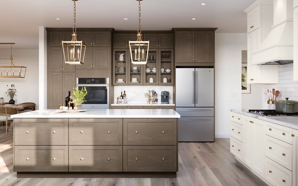 Modern kitchen with wood cabinets, island, and stainless steel appliances.