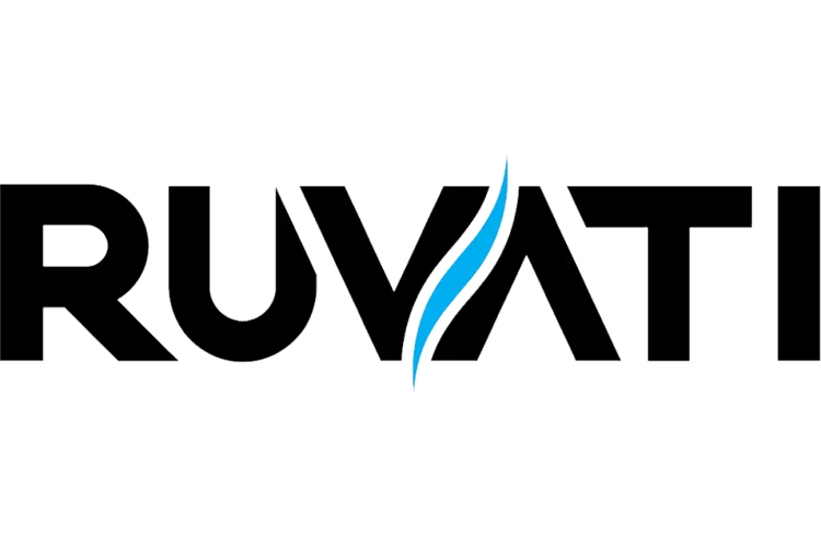 RUVATI logo with blue flame design in the center. Black bold text on white background.