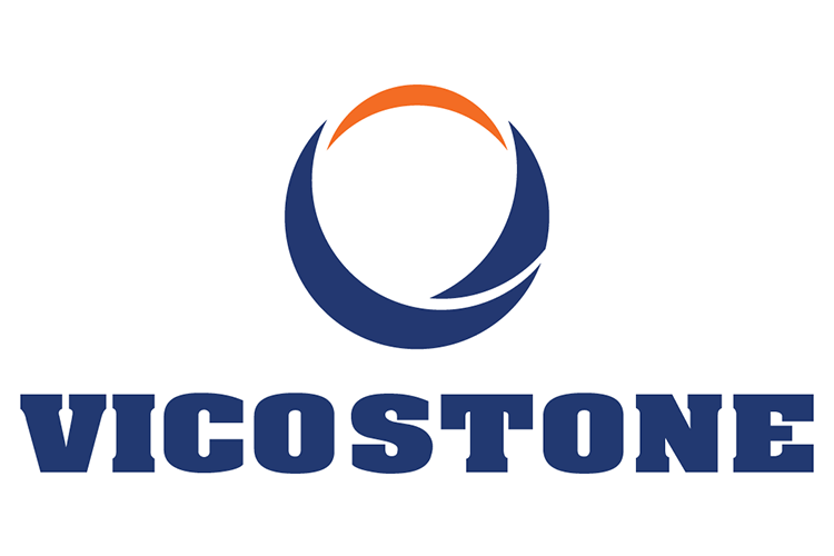 Logo of Vicostone. Dark blue and orange arcs form an 