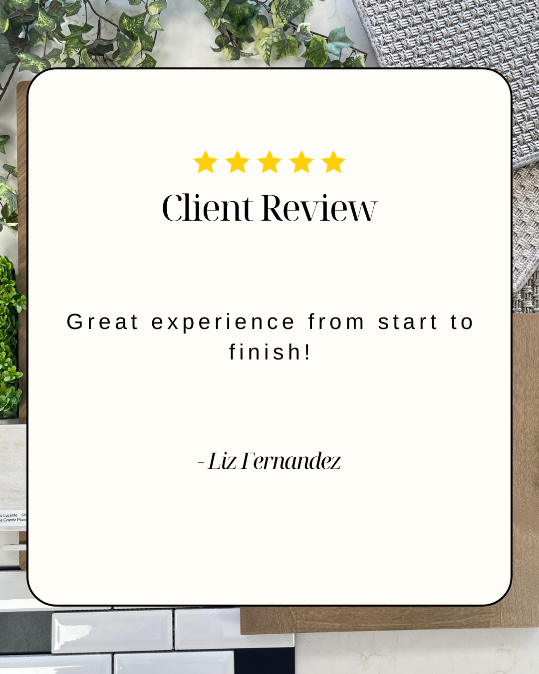 A five-star client review graphic reading, 