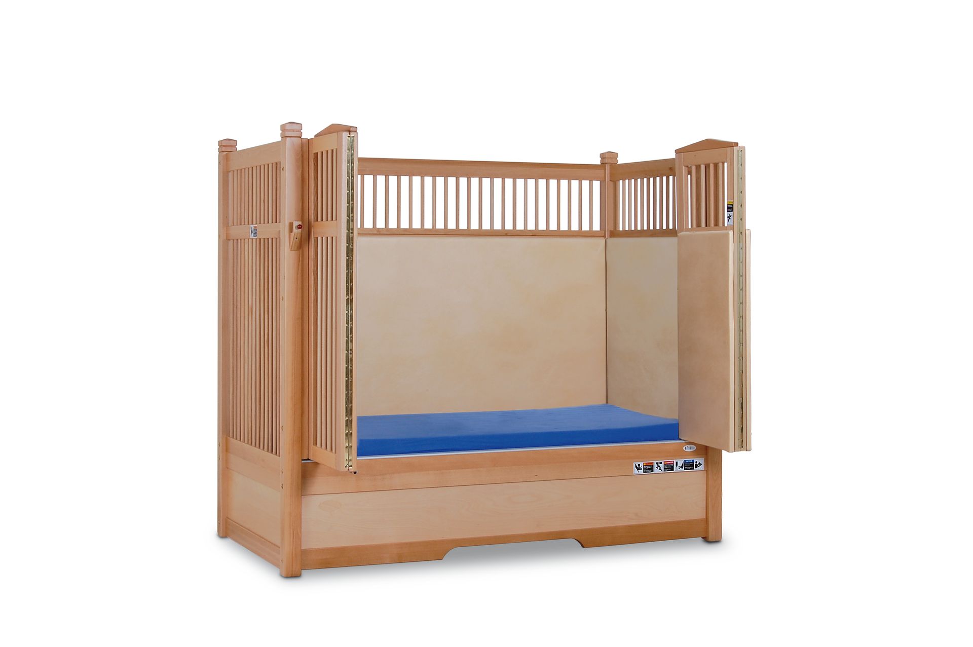 Wooden enclosed bed with blue mattress, open door, safety rails.