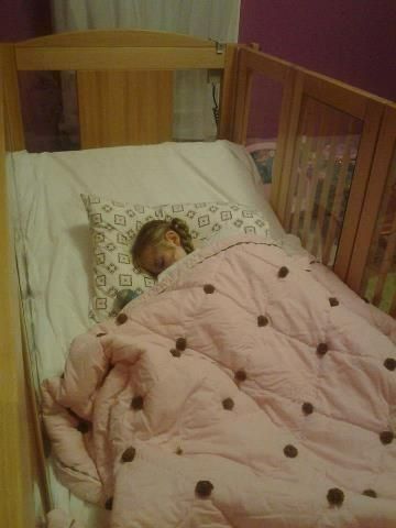 A little girl is sleeping in a crib with a pink blanket.