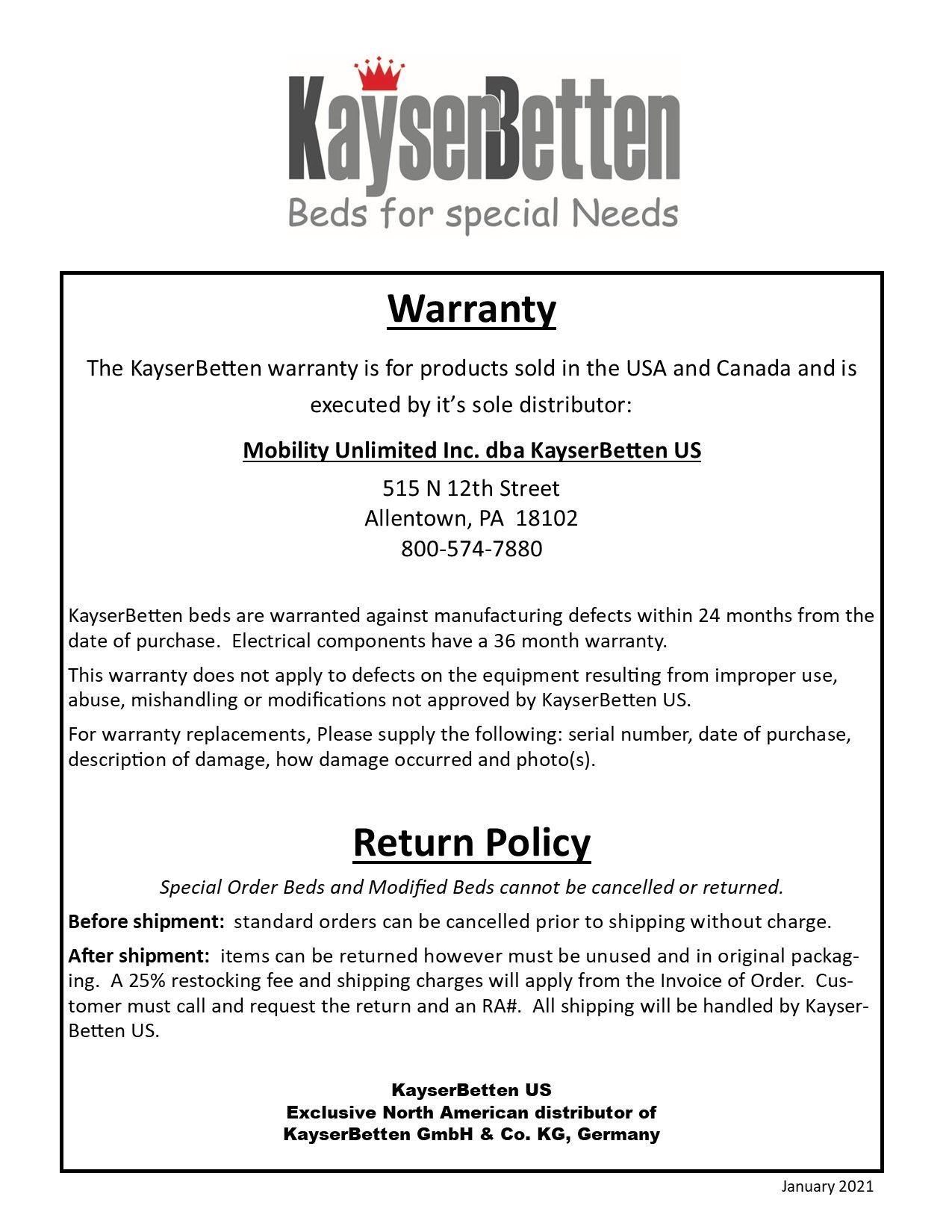 Warranty Kayser Betten US