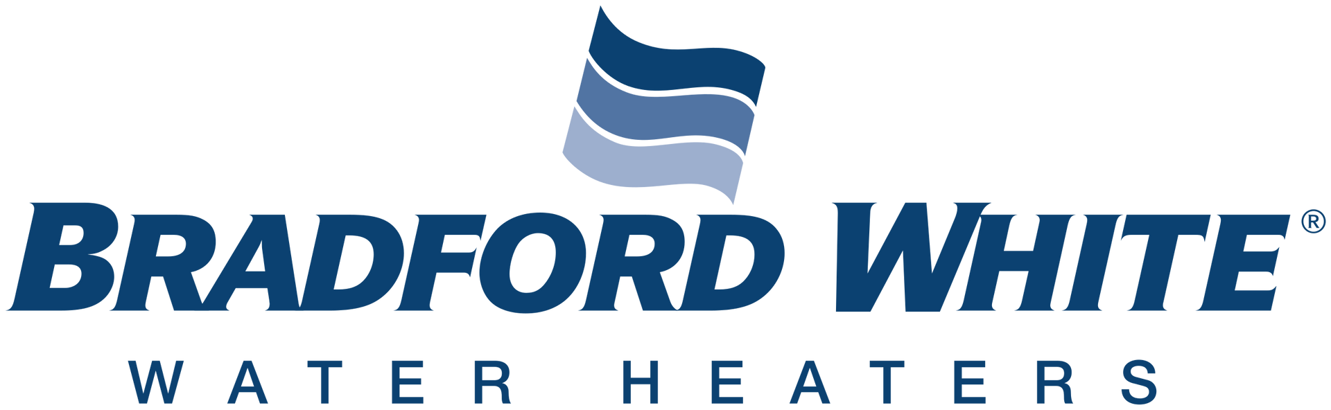 Bradford White Water Heaters logo with blue wavy lines and dark blue text.