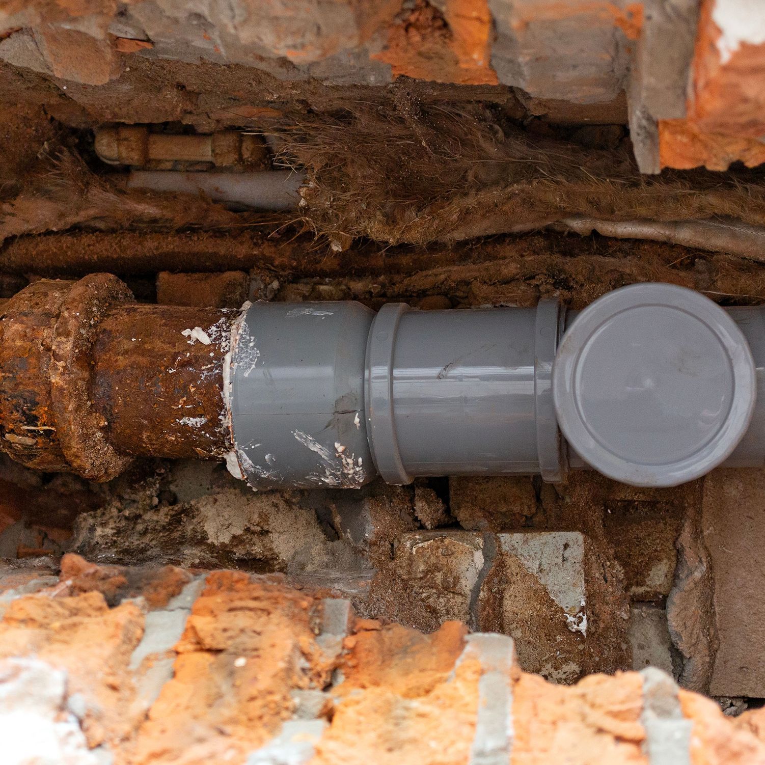 A close up of a pipe in a hole in a brick wall.