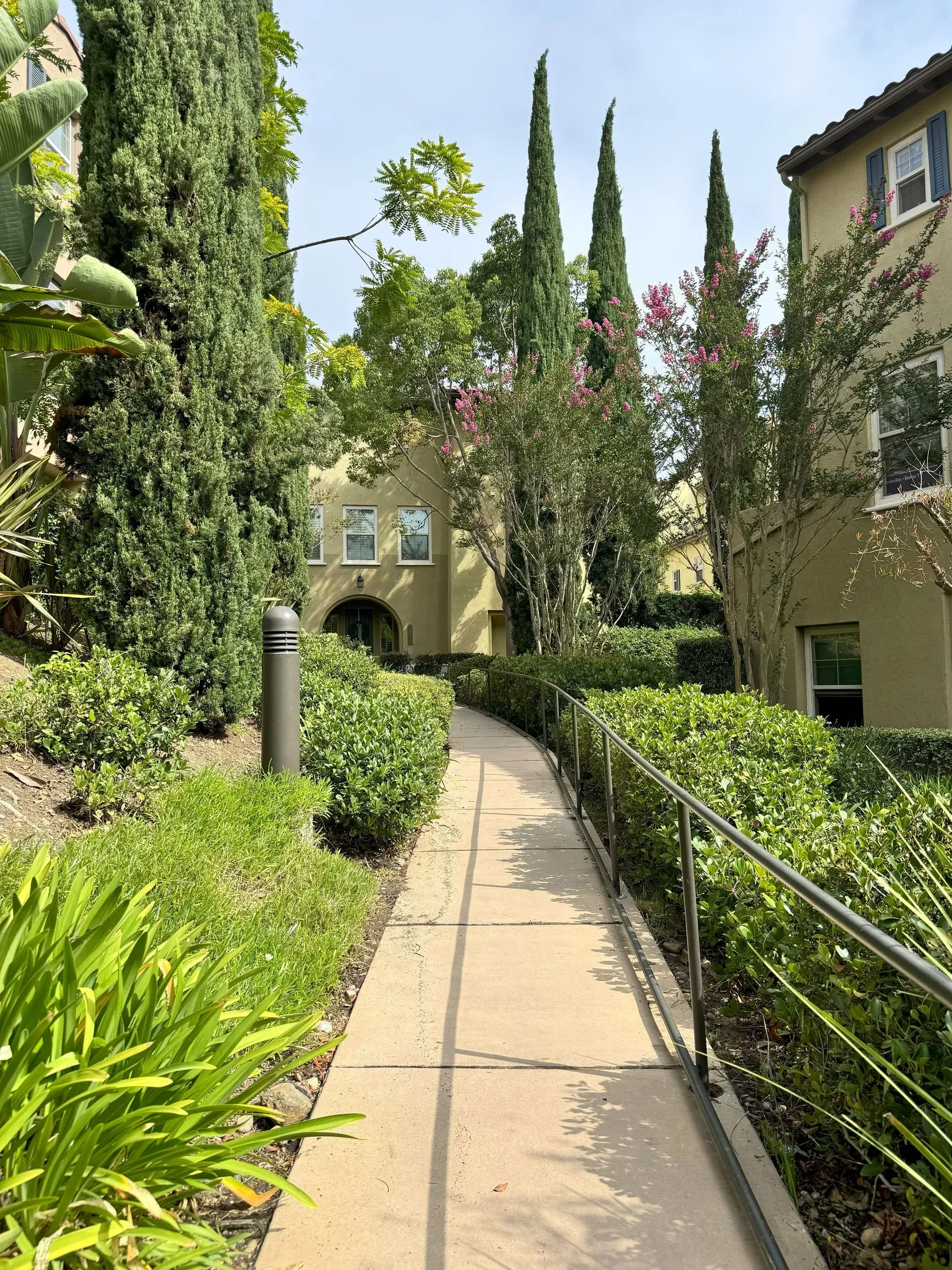 Pathway through lush greenery leads to light-colored buildings under a sunny sky.