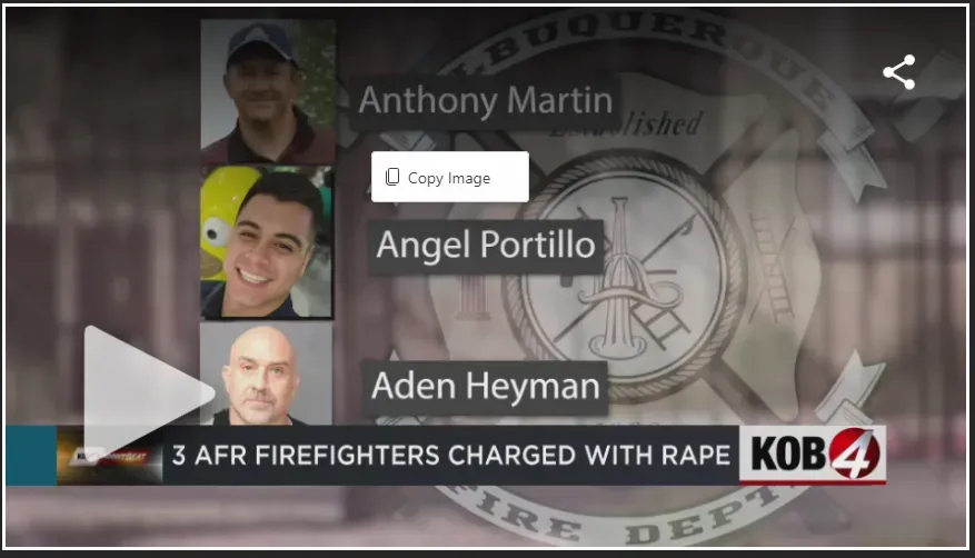 News graphic with three men’s names and photos over a sheriff badge, with a “3 AFR firefighters charged with rape” banner and KO4 logo