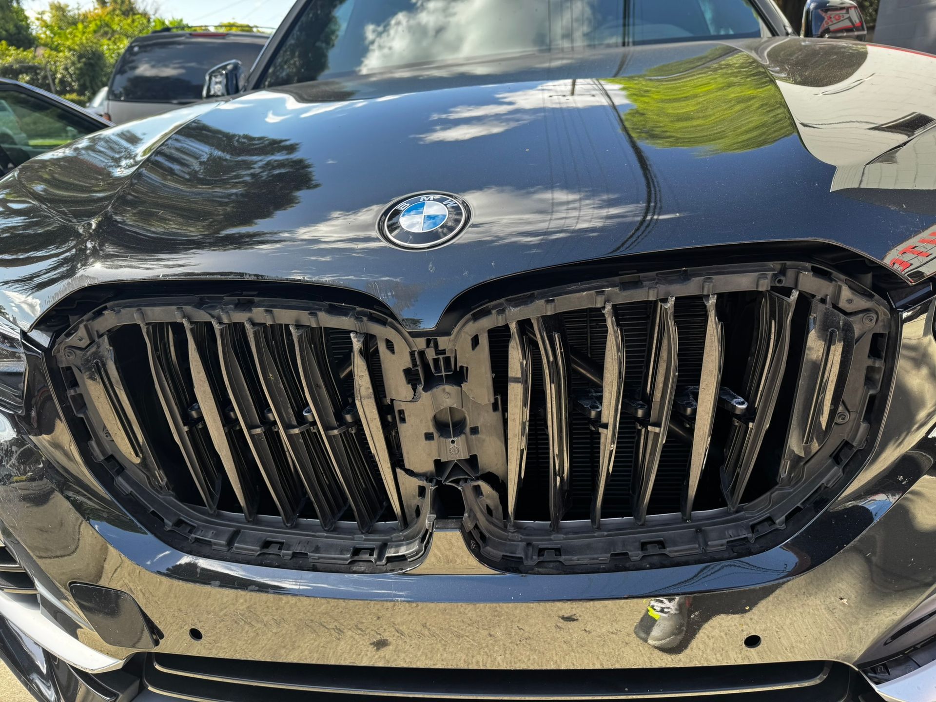 Black BMW with a damaged front grill and a dented hood.