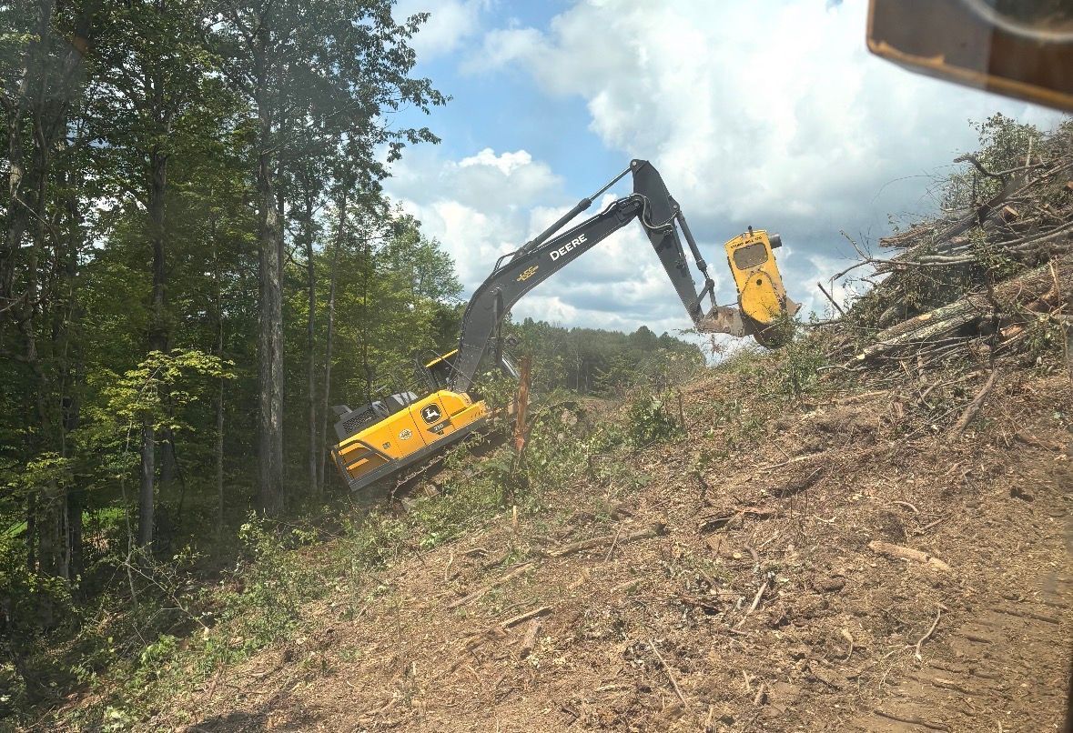 A yellow forestry excavator clears trees on a steep, hilly, and partially wooded slope under a cloudy sky.