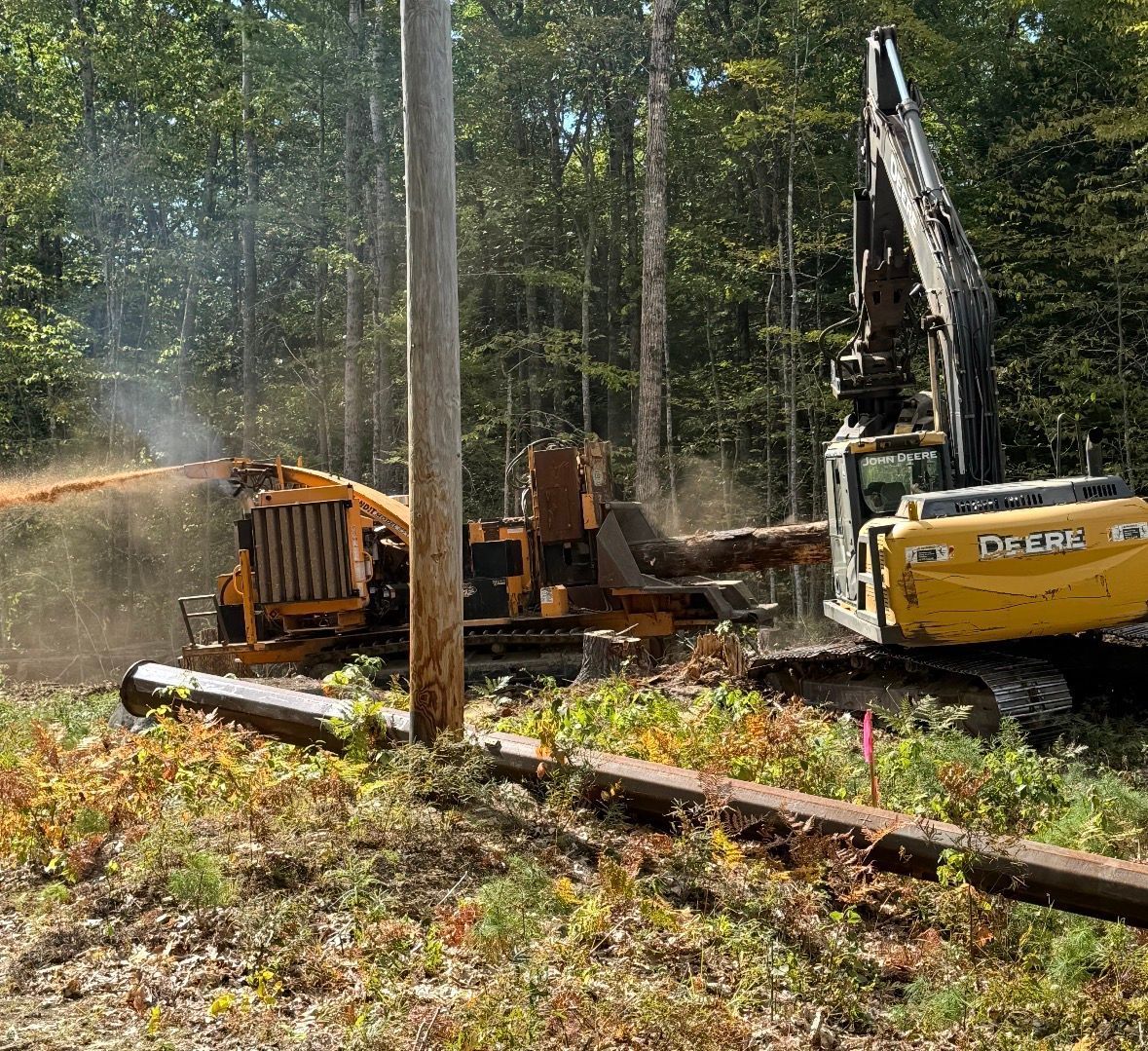 A yellow Deere forestry machine operates in a wooded area, processing timber with debris spraying from the unit.