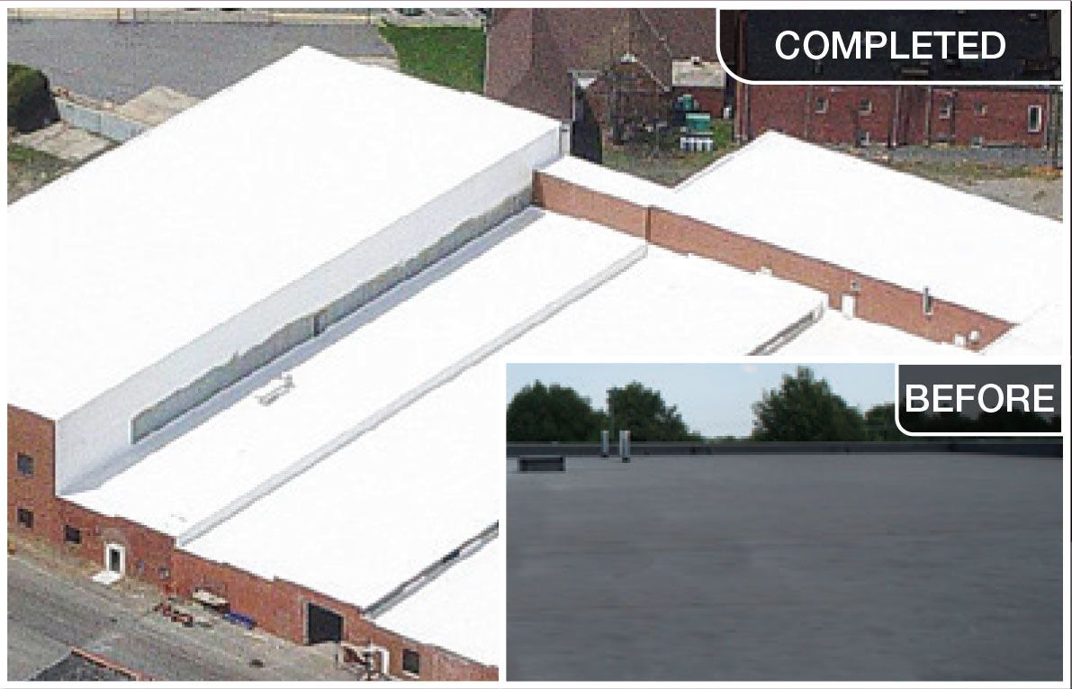 Before-and-after of a flat roof resurfacing, with white coated roof marked “COMPLETED” and a dark “BEFORE” inset.