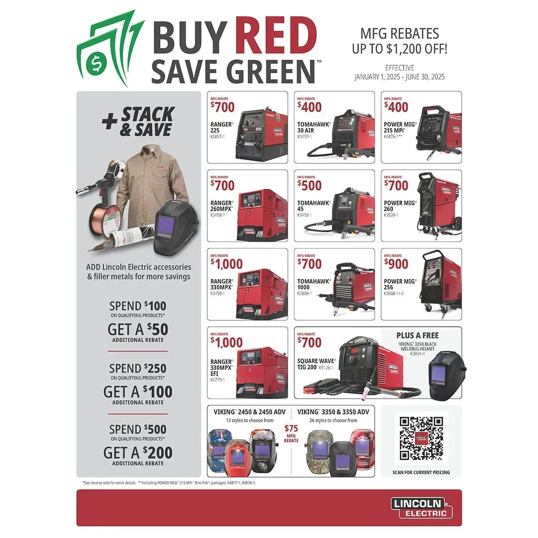 Advertisement for Lincoln Electric welding equipment. Red and black color scheme, offers rebates, and stack and save deals.