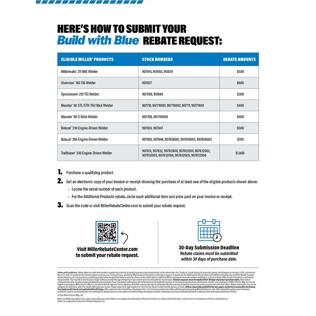Instructions for submitting a Build with Blue rebate request; includes a QR code and a calendar graphic.