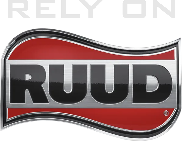 RUUD logo on a red and silver background, 