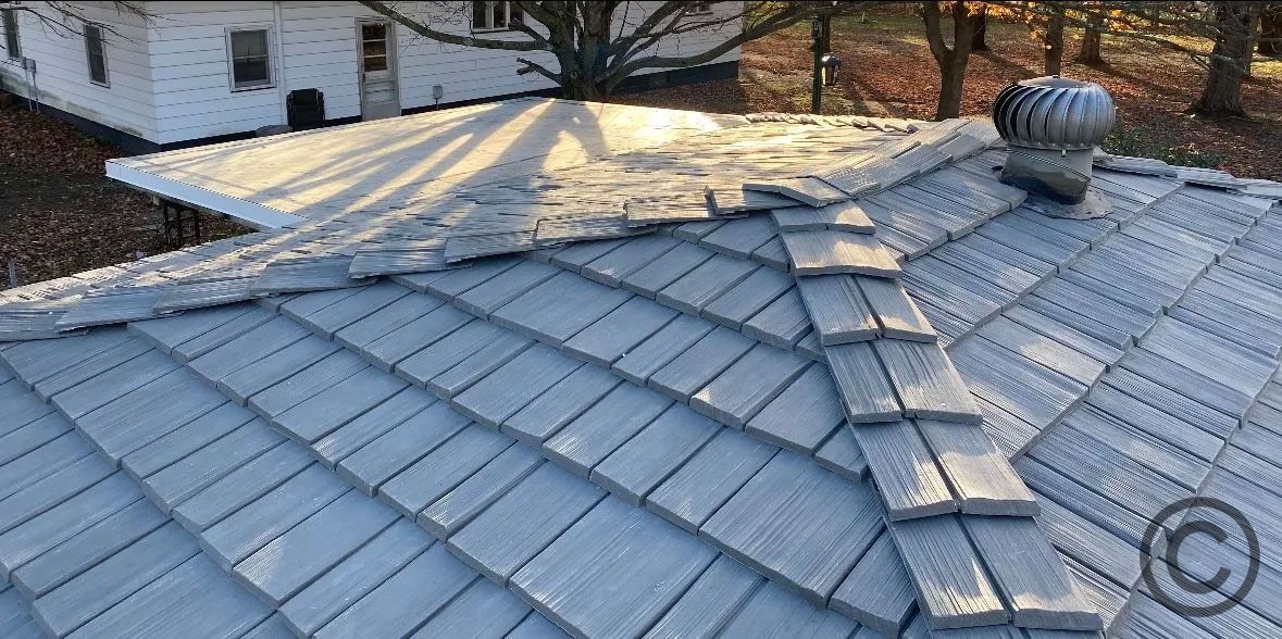 A gray roof with a vent, in front of a white house.