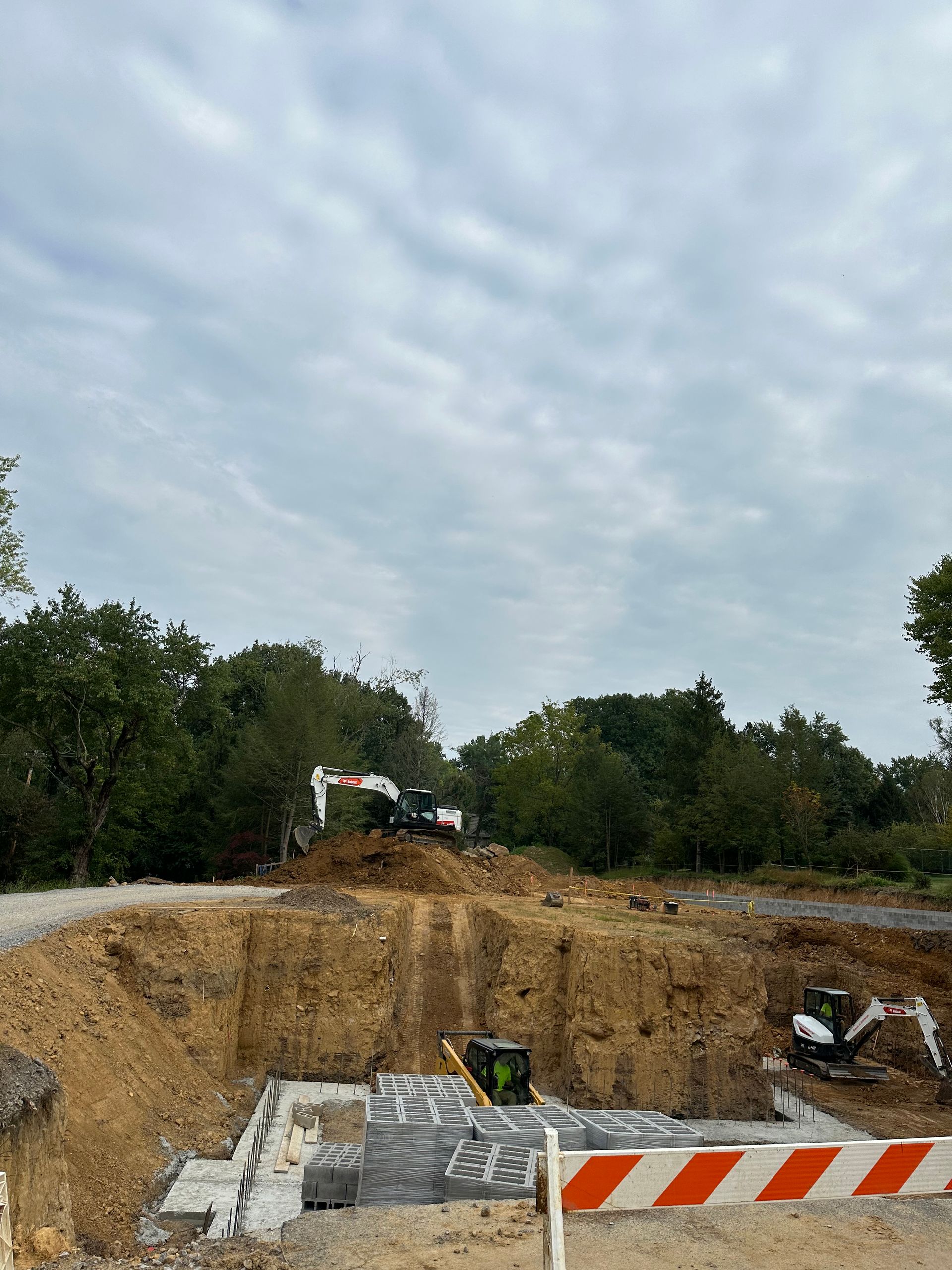 Construction site with excavators digging into a pit, surrounded by trees and a cloudy sky.