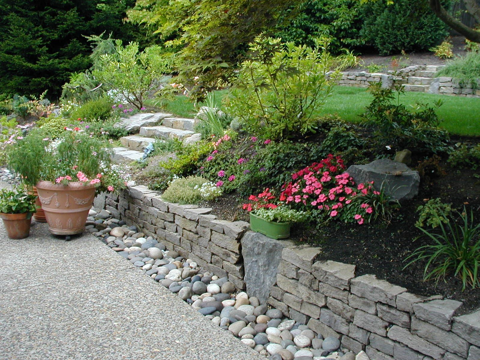 Stone garden wall with pink flowers, potted plants, and a gravel path in a lush landscaped yard