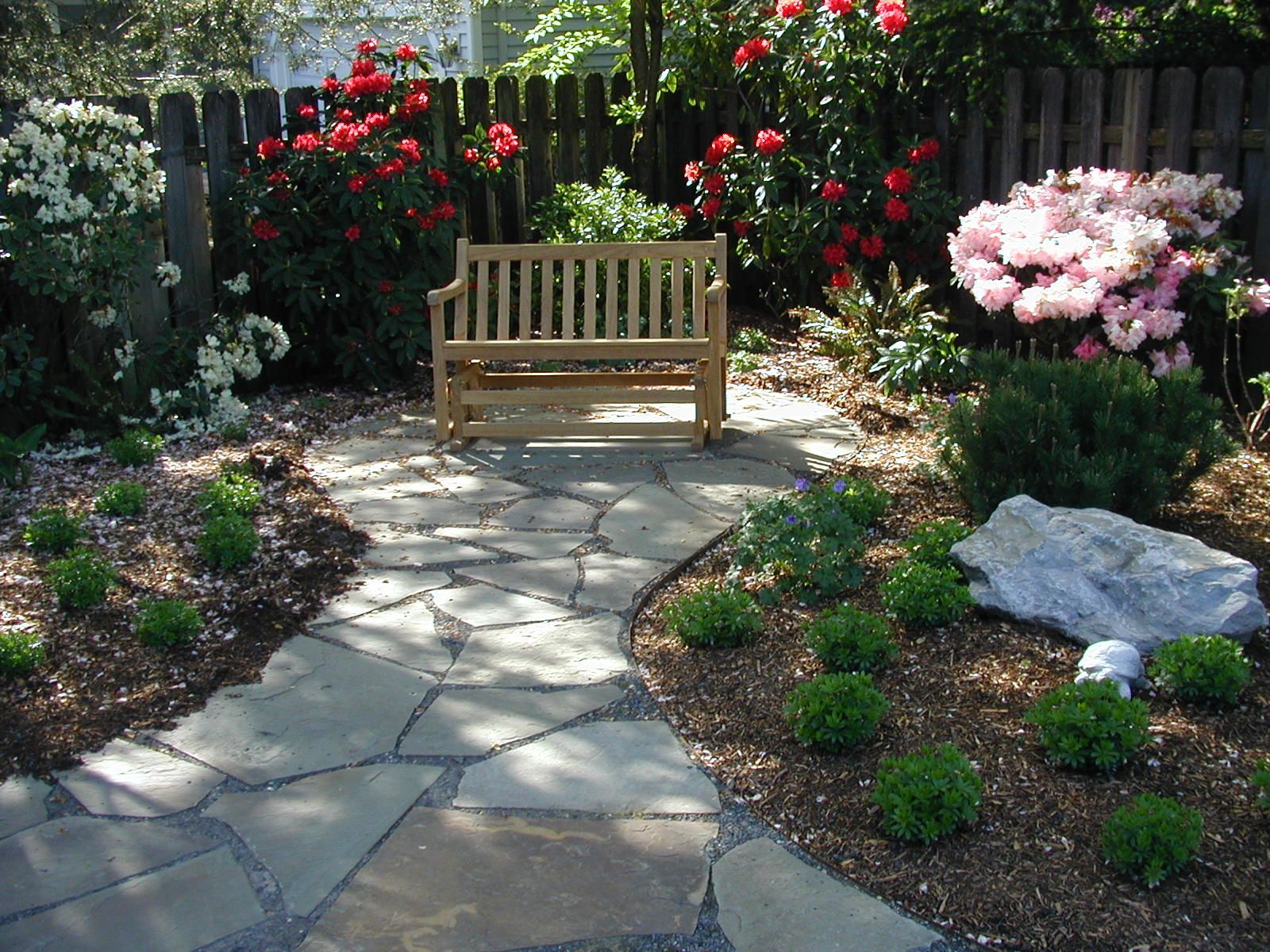 Garden bench on a stone path, surrounded by flowering shrubs and a large rock.