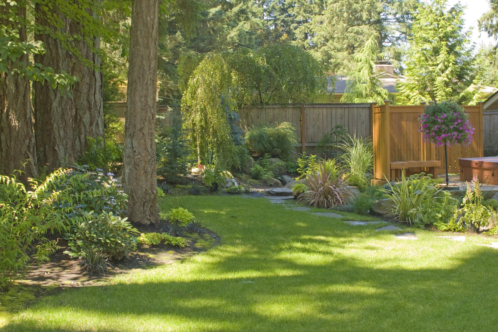 Sunlit backyard garden with green lawn, trees, shrubs, and a wooden fence and gate
