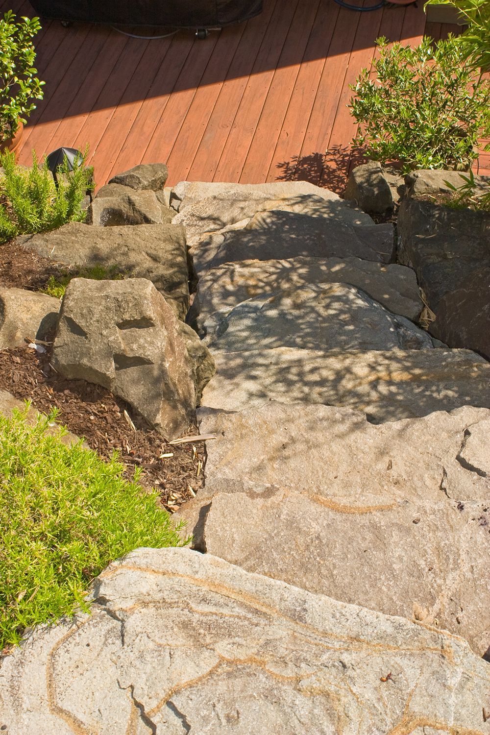 Stone steps leading to a wooden deck, bordered by rocks and green plants in sunlight