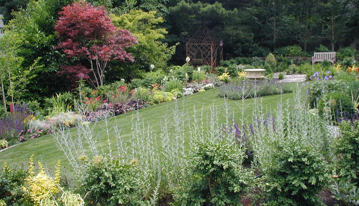 Lush garden with a pond, blooming flowers, and a pink flowering tree along a green lawn