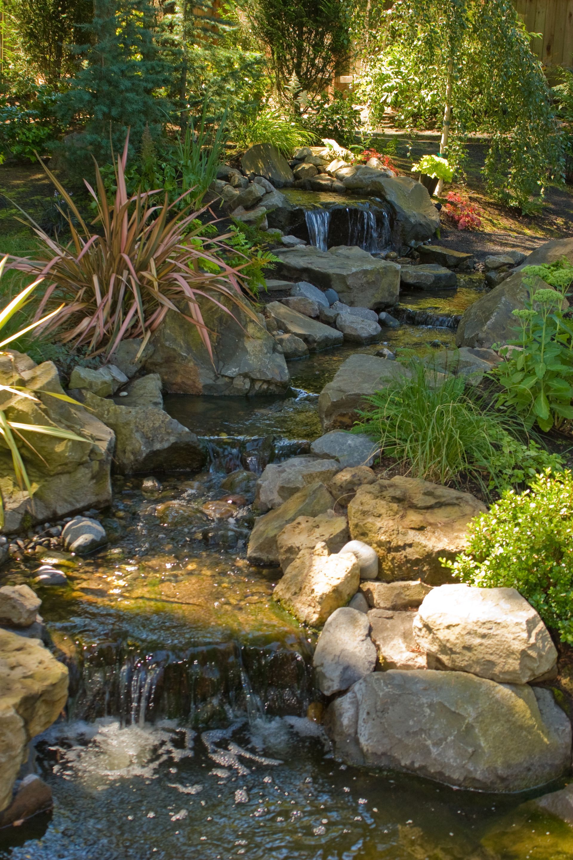 Rocky garden waterfall with a small stream flowing through lush greenery and sunlight