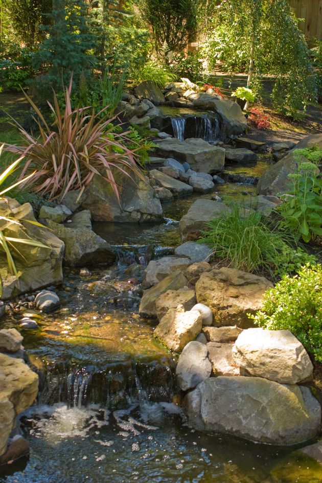 Rocky garden waterfall with a small stream flowing through lush greenery and sunlight