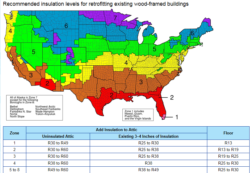 a map showing the recommended insulation levels for retrofitting existing wood-framed buildings