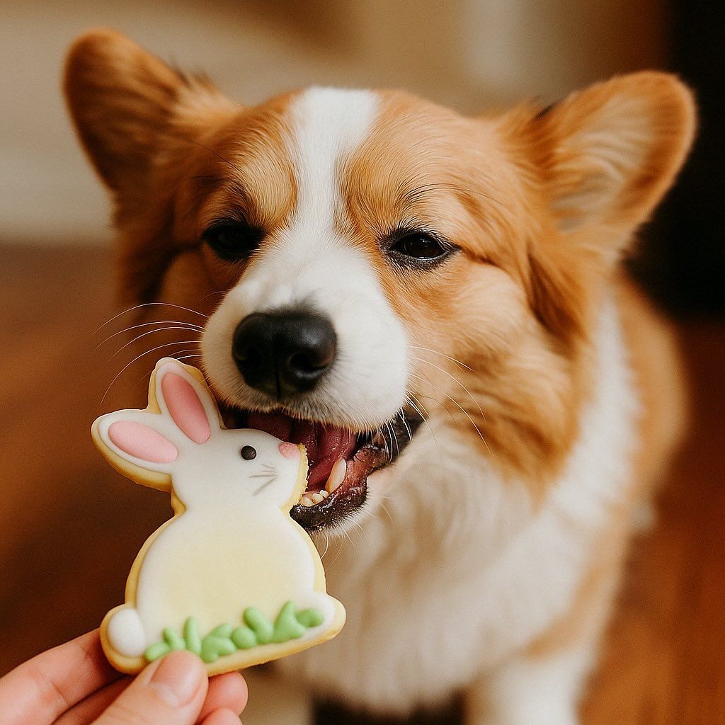 A corgi dog is eating a cookie in the shape of a bunny