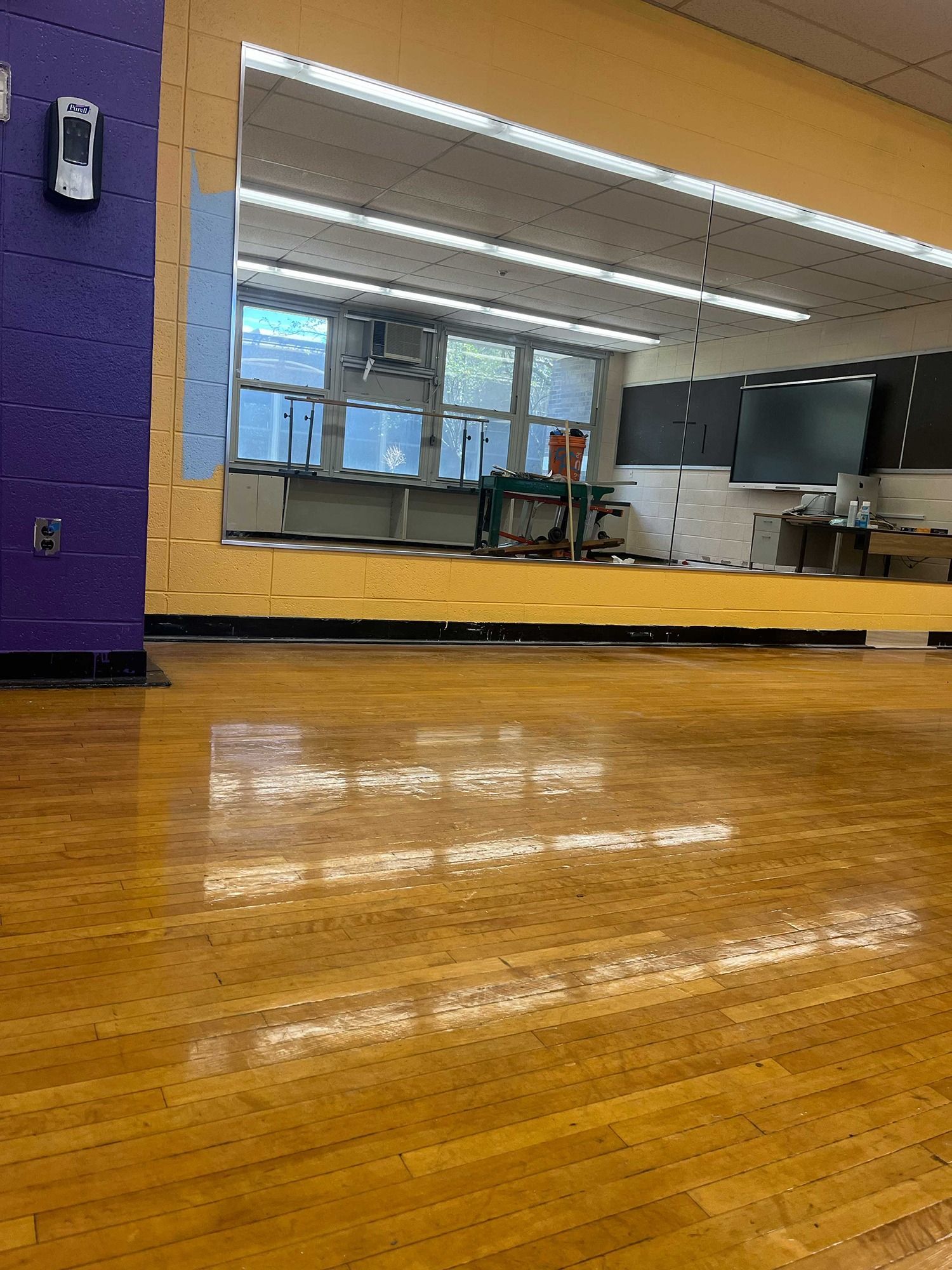 There is a large mirror in the middle of the room.