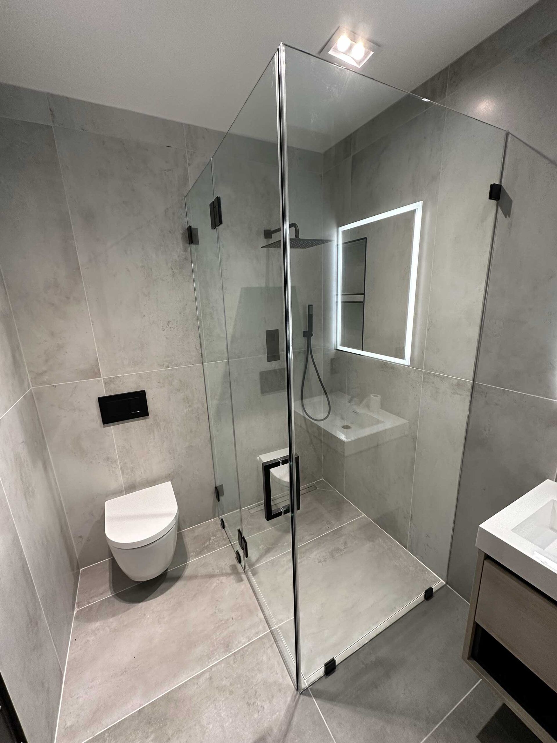 A bathroom with a walk in shower , toilet , sink and mirror.