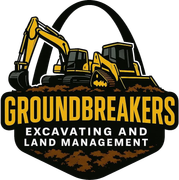 Groundbreakers logo with yellow excavators and black text, &ldquo;Excavating and Land Management&rdquo;