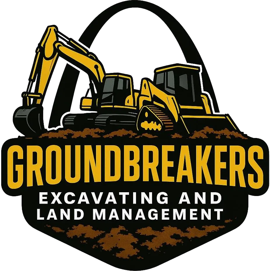 Groundbreakers logo with yellow excavators and black text, &ldquo;Excavating and Land Management&rdquo;
